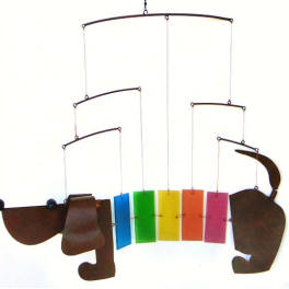Colorful hanging mobile with dog shapes and rectangular panels