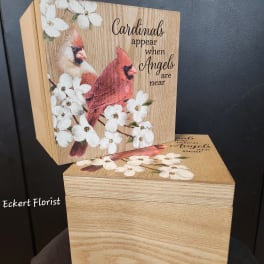Wooden keepsake box with cardinal and white flower design