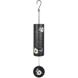 Black hanging wind chime with white flowers and blue butterflies