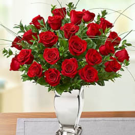 Premium Long Stem Red Roses in Silver Vase