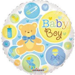 Round baby boy balloon with teddy bear and bottle graphics