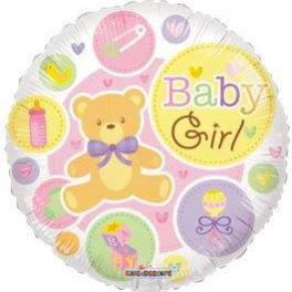 Round balloon with a teddy bear and the words Baby Girl