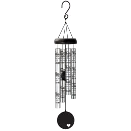 Hanging silver memorial wind chime with black accents and a heart-shaped pendant