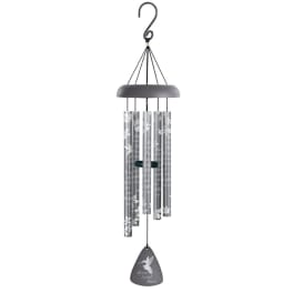 Gray hanging wind chime with floral tube accents and a hummingbird pendant