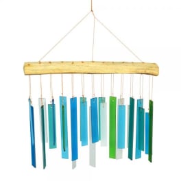 Wooden wind chime with blue and green hanging bars