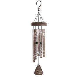 Brown floral wind chime with hanging metal tubes and a clapper