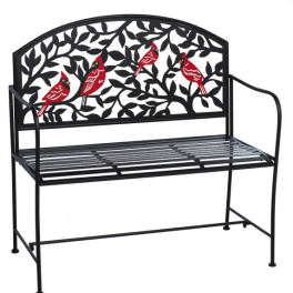 Black metal bench with red cardinal cutout backrest
