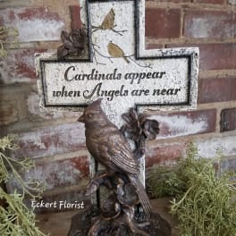 Decorative cross plaque with birds and a cardinal memorial message