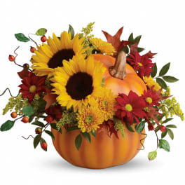 Pumpkin centerpiece with sunflowers and red daisies