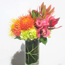 Tropical arrangement with orange protea, pink orchids and green hydrangea in a tall glass vase lined with a large leaf