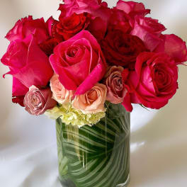 Hot pink, red, and blush roses with pale green hydrangea in a glass vase lined with striped green leaves.