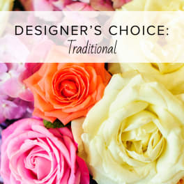 Close-up of pink, orange, and cream roses with "Designer’s Choice: Traditional" text