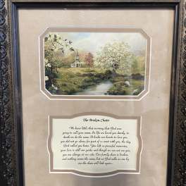 Framed memorial print with a pastoral church scene and poem