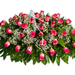Pink rose casket spray with baby's breath and greenery