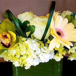 Low yellow and white bouquet with orchid, hydrangea, roses, and gerbera daisy in a green rectangular vase