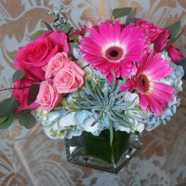 Low arrangement of bright pink gerbera daisies, roses, and hydrangeas in a square glass vase.