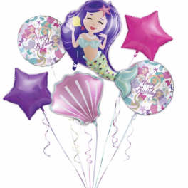 Assorted mermaid-themed birthday balloons in pink, purple, and teal