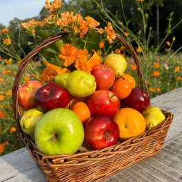 Wicker gift basket filled with assorted fresh fruit and topped with orange flowers