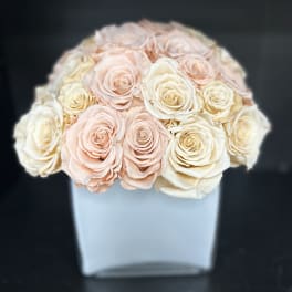 Bouquet of blush and ivory roses in a white box