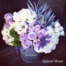 Lavender roses and white hydrangeas in a gray vase with blue succulents