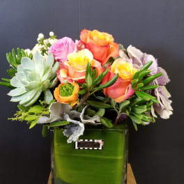 Mixed bouquet of roses and succulents in a square glass vase