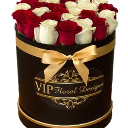 Red and white roses arranged in a black hat box with a gold ribbon