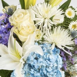 Bouquet of white lilies, cream roses, blue hydrangea, and purple flowers