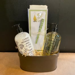Gift basket with lemon verbena and olive oil hand soap and lotion