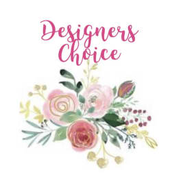 Pink "Designers Choice" text above a watercolor floral bouquet illustration
