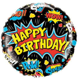 Round birthday balloon with comic-style text and bright colors