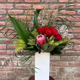 Red roses and a protea in a tall white vase