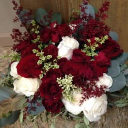 Bouquet of red and white roses with blue-gray foliage