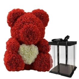 Red rose teddy bear with a white rose heart and gift box