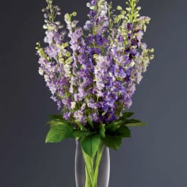 Tall purple and lavender flowers arranged in a clear glass vase