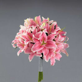 Pink lily bouquet with white-edged petals and long stems