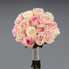 Bouquet of pale pink and cream roses tied with a white ribbon