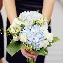 Woman holding a bouquet of pale blue hydrangeas and white roses
