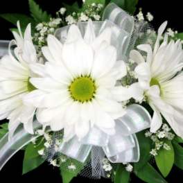 White daisy bouquet with a silver ribbon and green accents