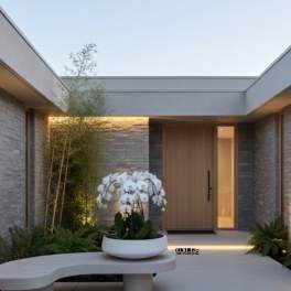 White orchids in a low white planter outside a modern home