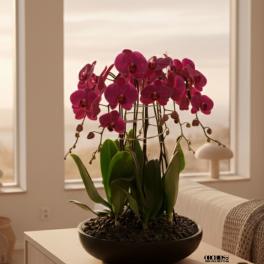 Potted magenta orchids in a shallow black bowl on a table