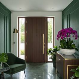 Pink orchid arrangement in a white bowl on a console table