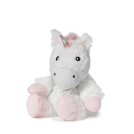 White plush unicorn with pink hooves and a rainbow horn