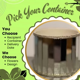 Graphic with text about choosing a container, showing a gold mirrored cylinder.