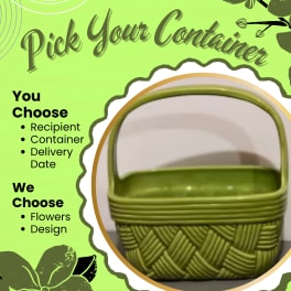 Green woven basket container with a handle