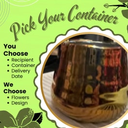 Graphic with a gold container and text about choosing flowers and design