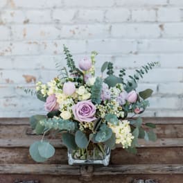 Lavender roses and tulips in a square glass vase