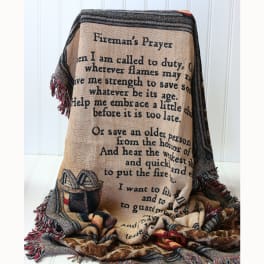 Textured blanket with a Fireman's Prayer printed on it