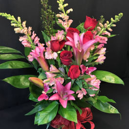 Oriental Lilies with Red Roses and Butterflies