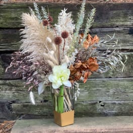 Dried floral arrangement in a glass vase with a white bloom