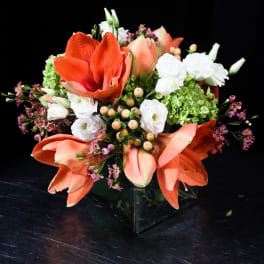 Orange amaryllis and white blooms arranged in a clear glass vase